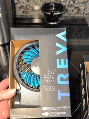 Treva 3.5" Compact Desk Fan - Black Housing with Blue Blades USB Or Battery Oper